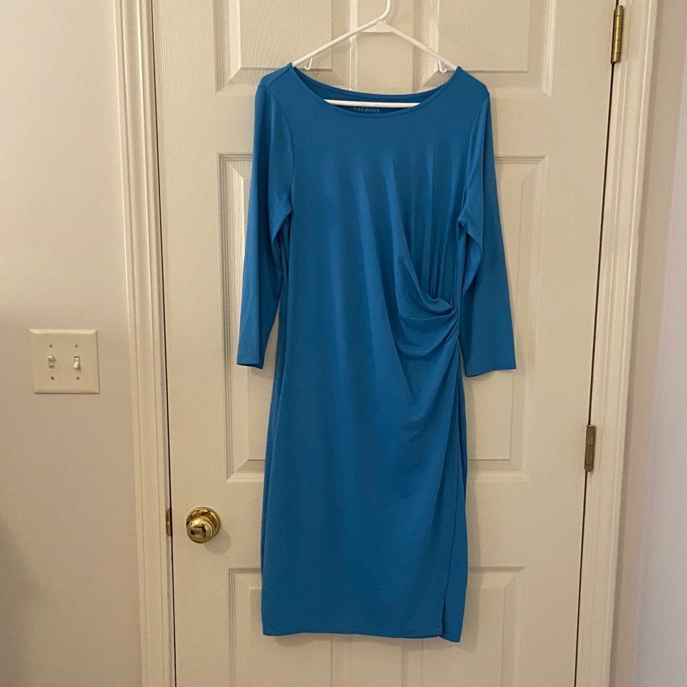 Talbots Blue Faux Wrap Draped Side Ruched Spring Dress